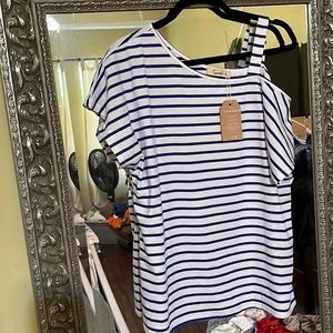 White with blue stripes one shoulder summer shirt.